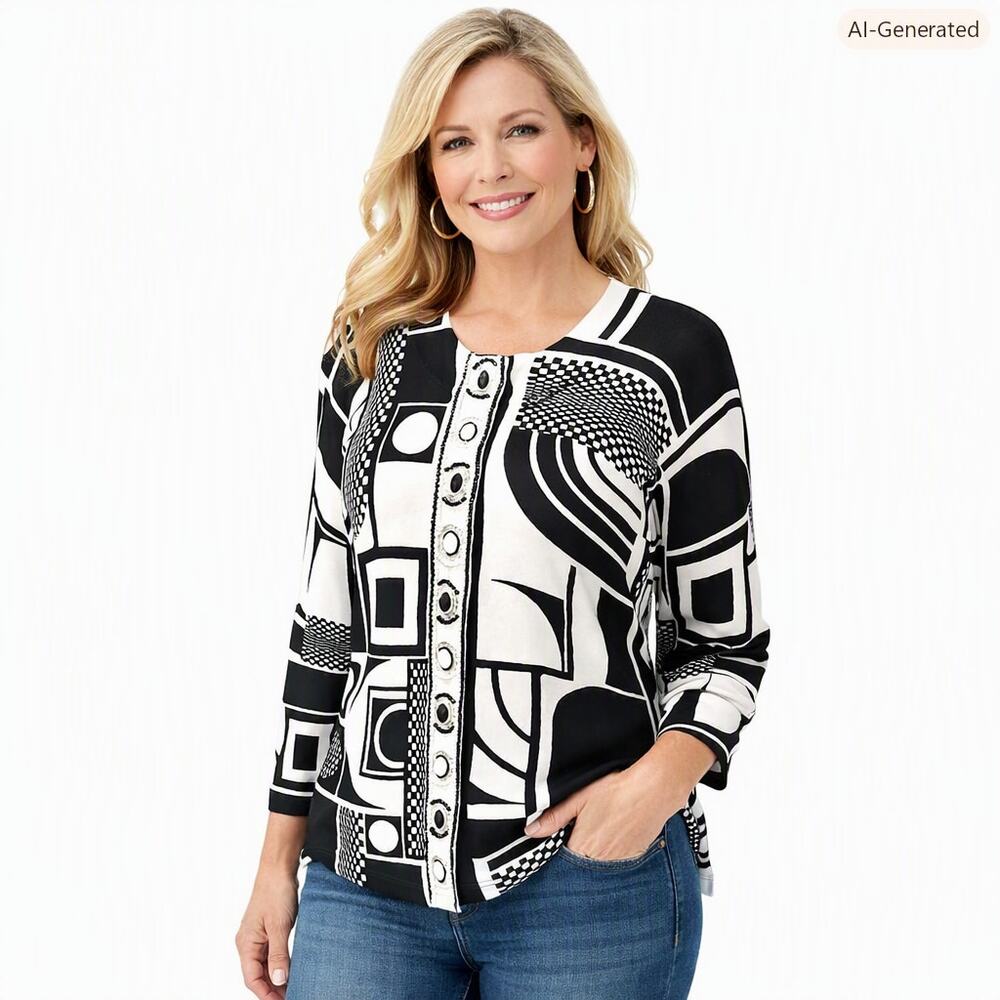 Vintage Berek 2  Geometric Embellished Cardigan Sweater Black White Sz LARGE